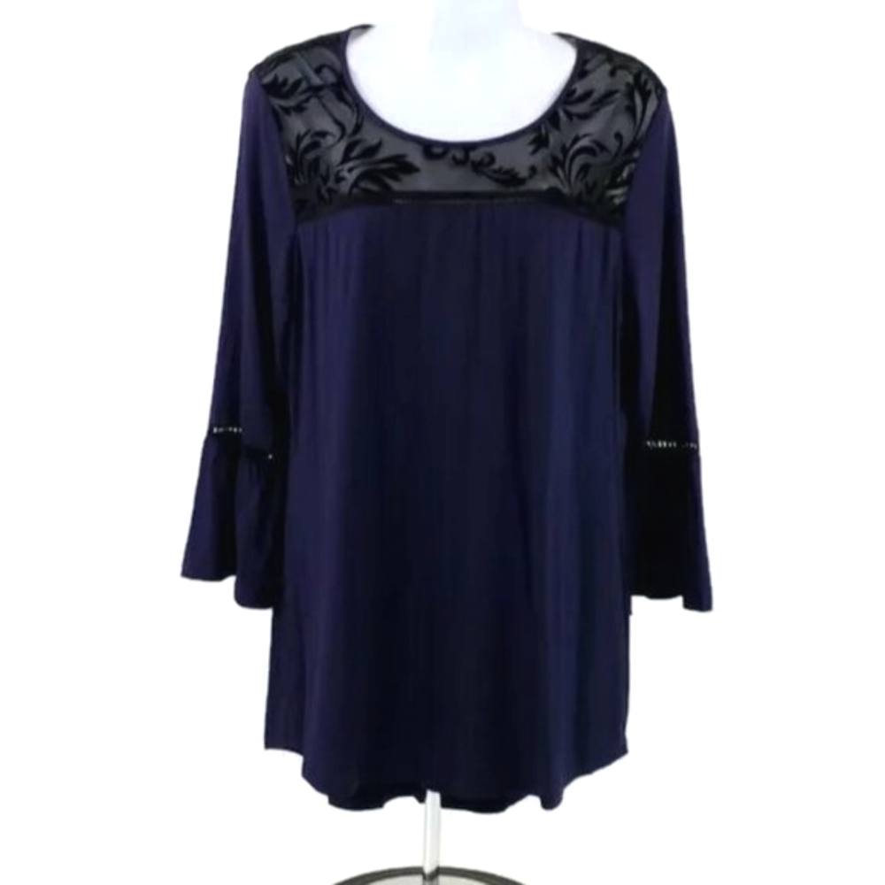 NY Collection Blue Scoop Neck 3/4 Bell Sleeve Flocked Knit Top Womens Medium